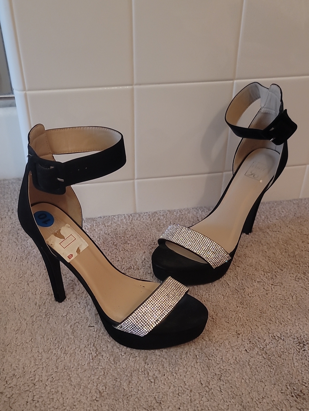 Black Rhinestone Ankle-Strap Platform Heels